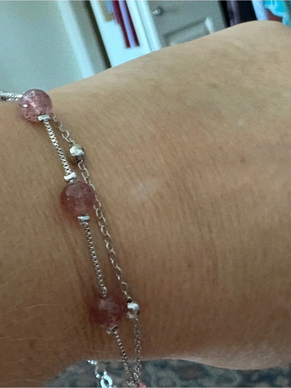 Sterling Silver Chain Bracelet with Rose Quartz Beads
